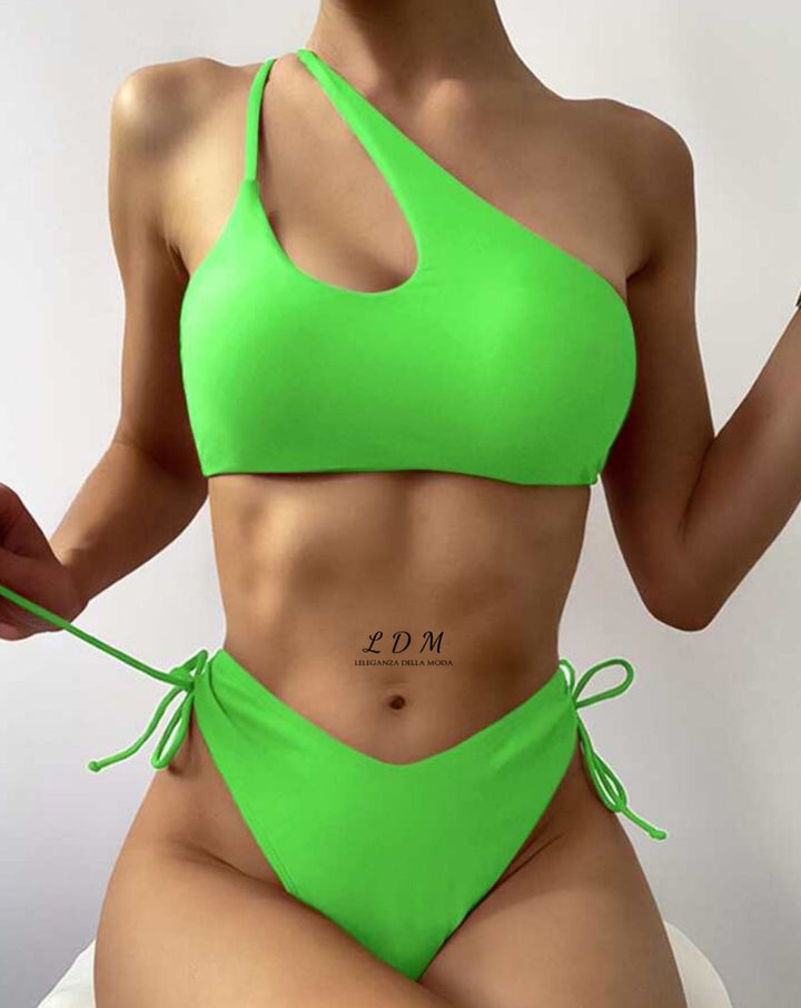 one shoulder cut out high cut bikini