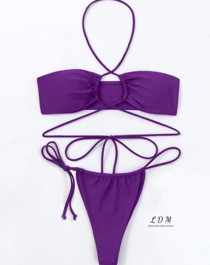 Sexy Solid Color Cut-Out Lace-Up Bikini Swimsuit