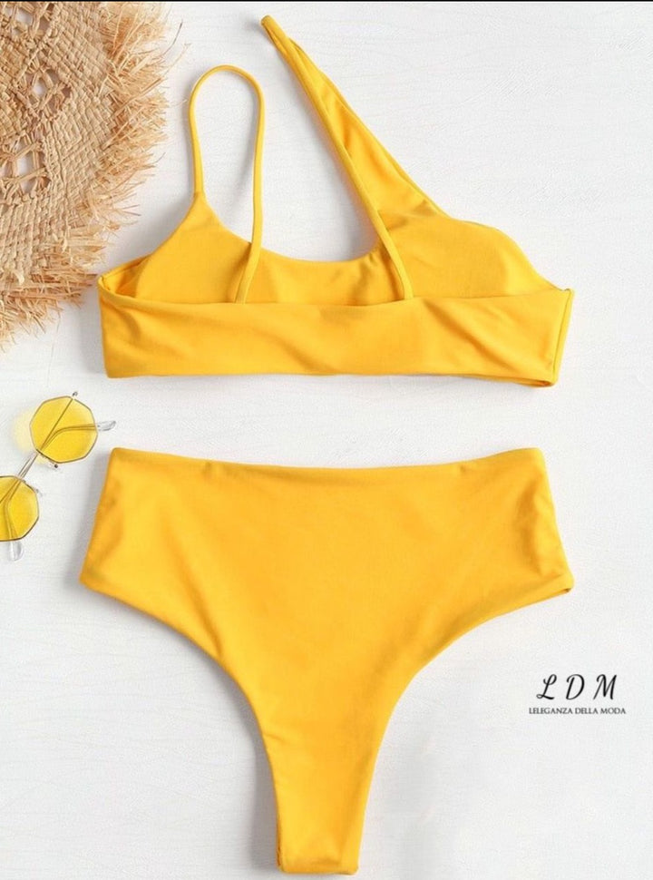 one shoulder cut out high cut bikini