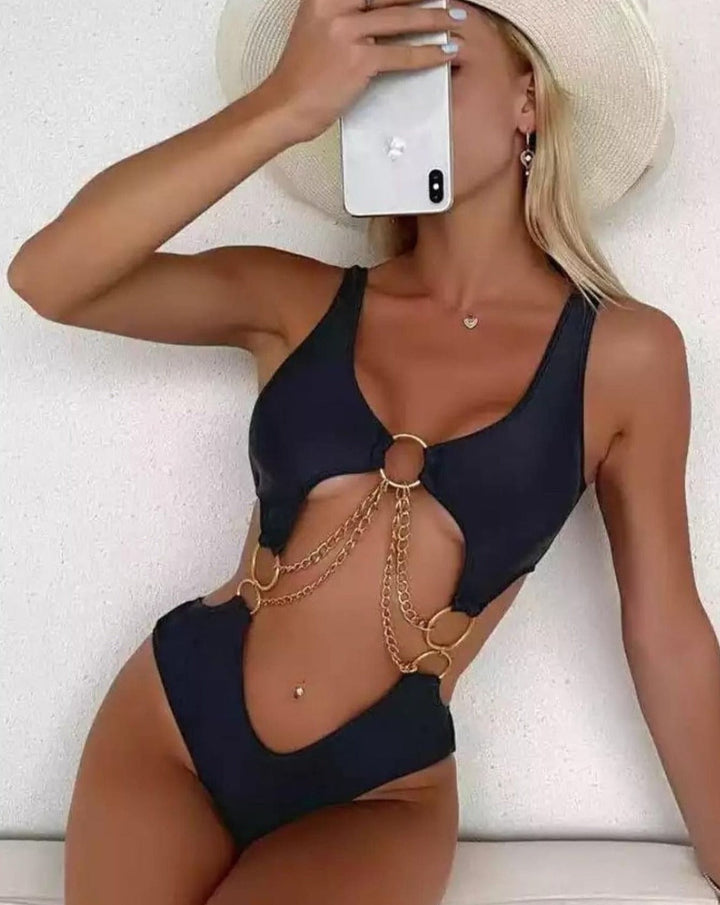 Metal Chain Cutout One-Piece Swimsuit